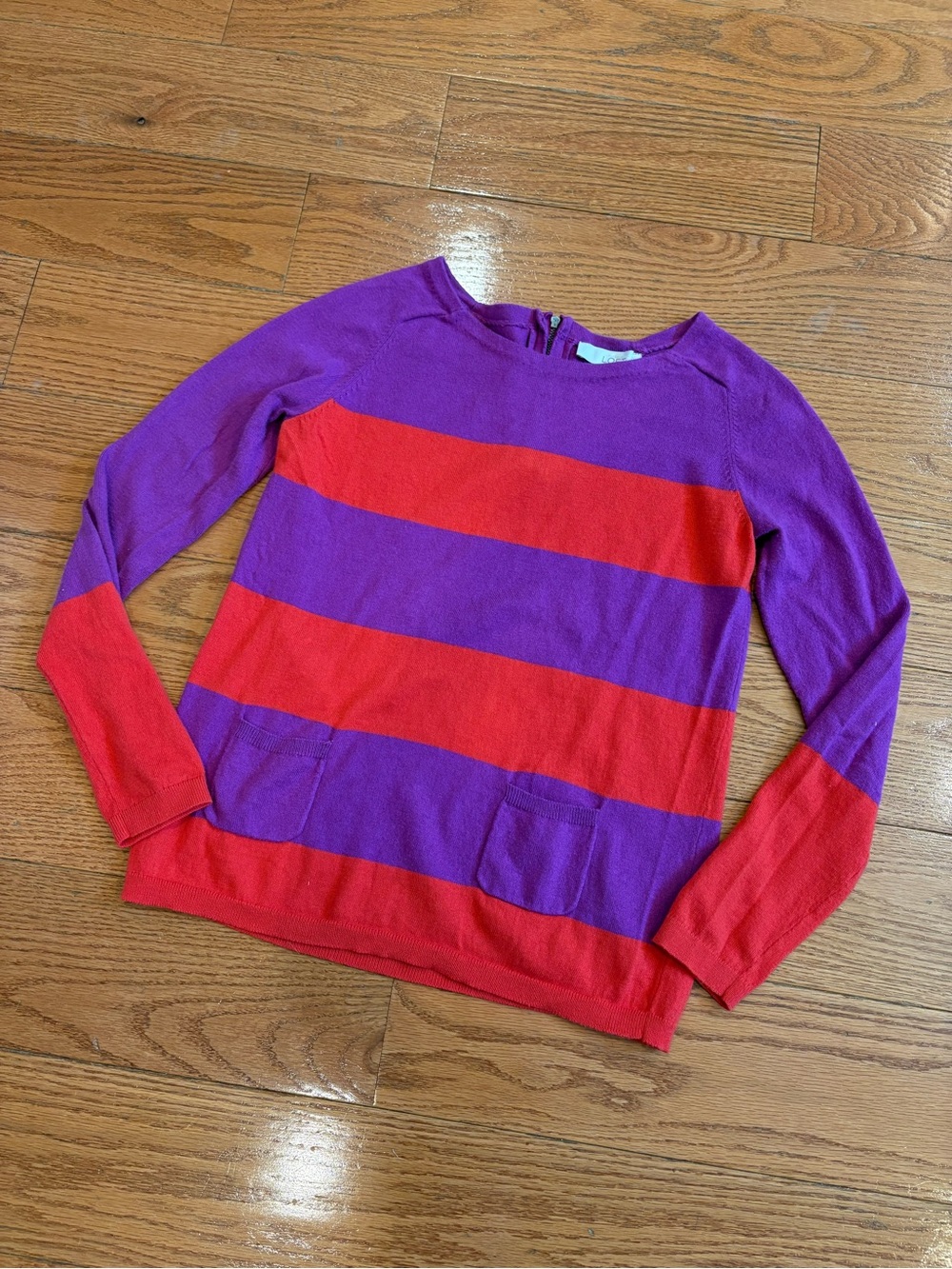 LOFT Ann Taylor Colorblock Striped Sweater Small Purple Red Pocket Knit Preppy